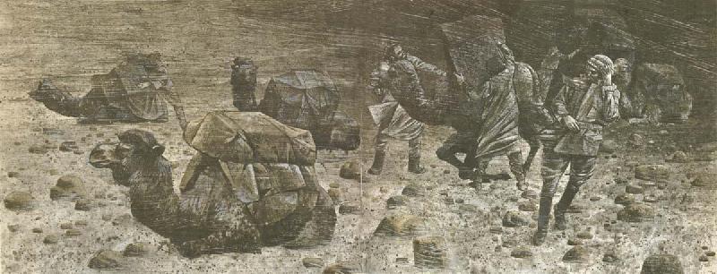 Hedins expedition wonder a beach langt in in Takla Makanoknen in April 1894, unknow artist